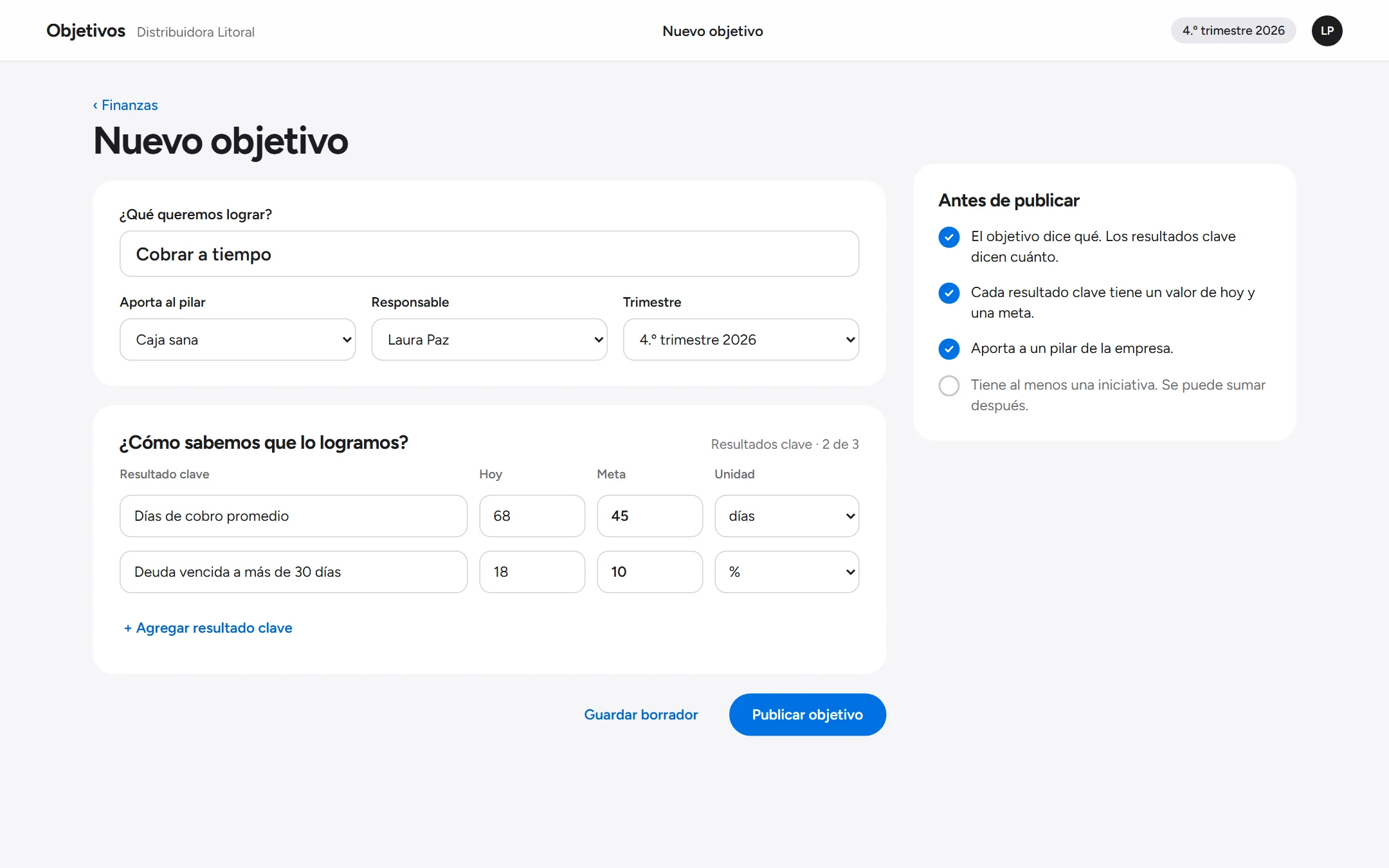 Formulario para registrar un nuevo objetivo con sus resultados clave.
